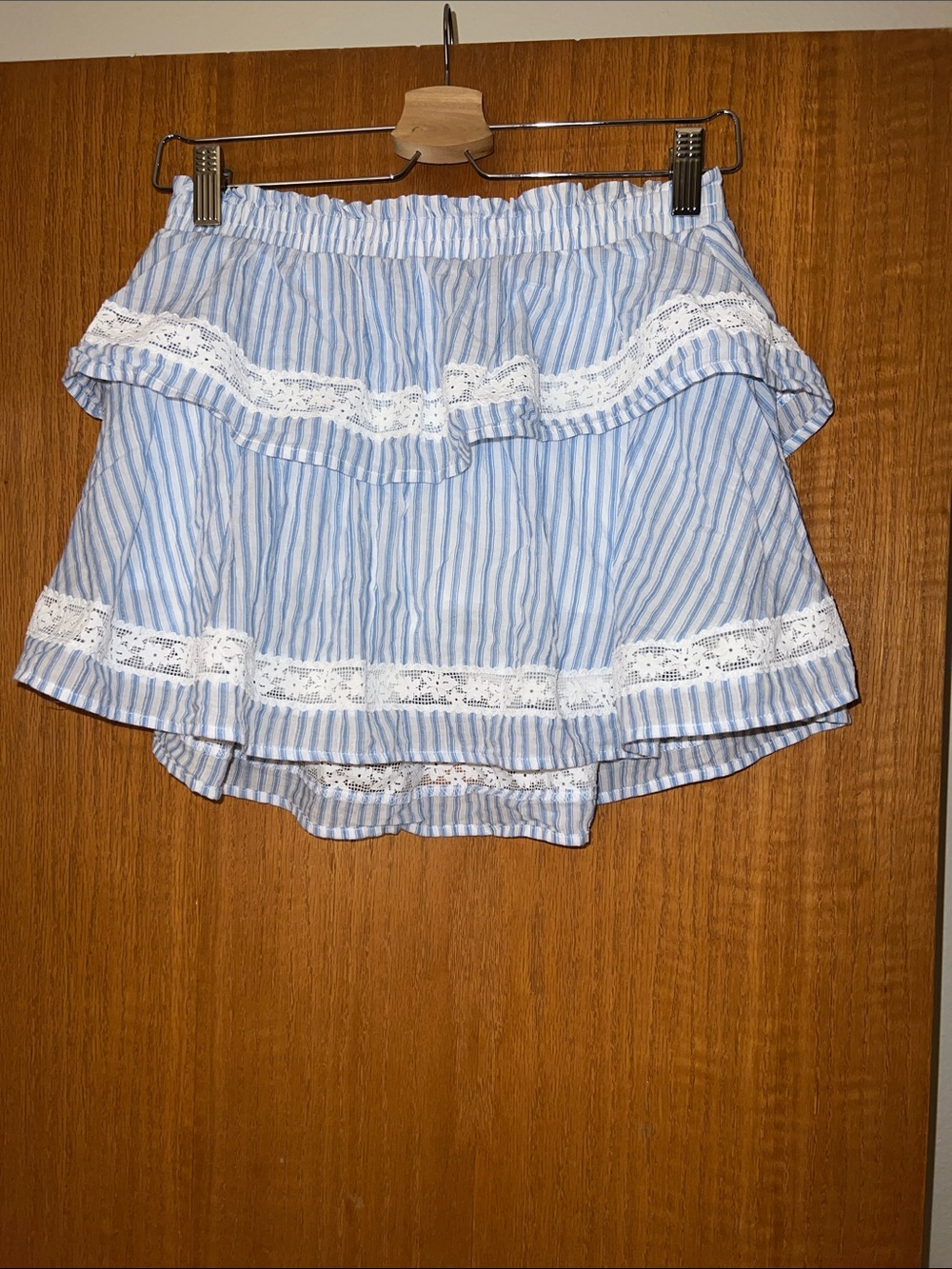 Teen/Girls Blue and White Striped Ruffle Mini Skirt with Lace Trim. Wild fable